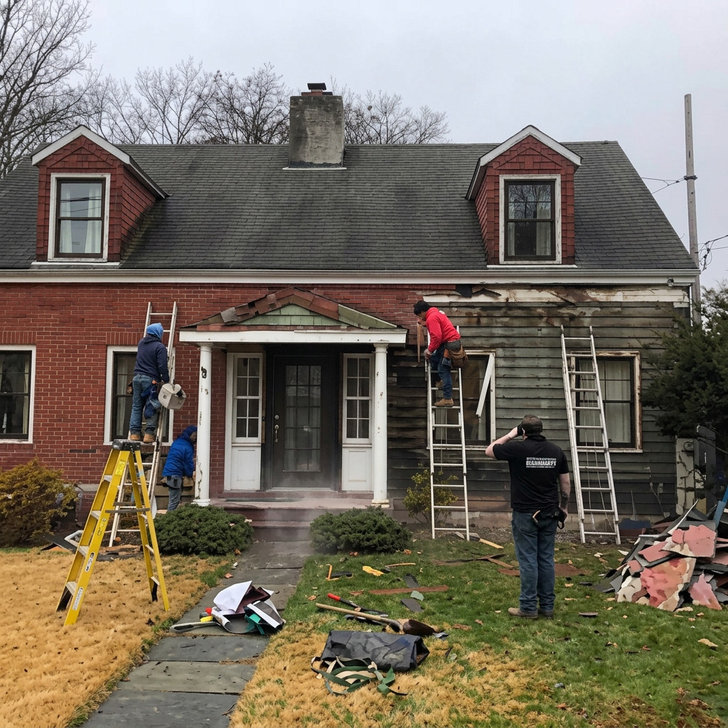 Milan Construction crew completing roof and dormer trim work on a brick cape-style home in New Jersey