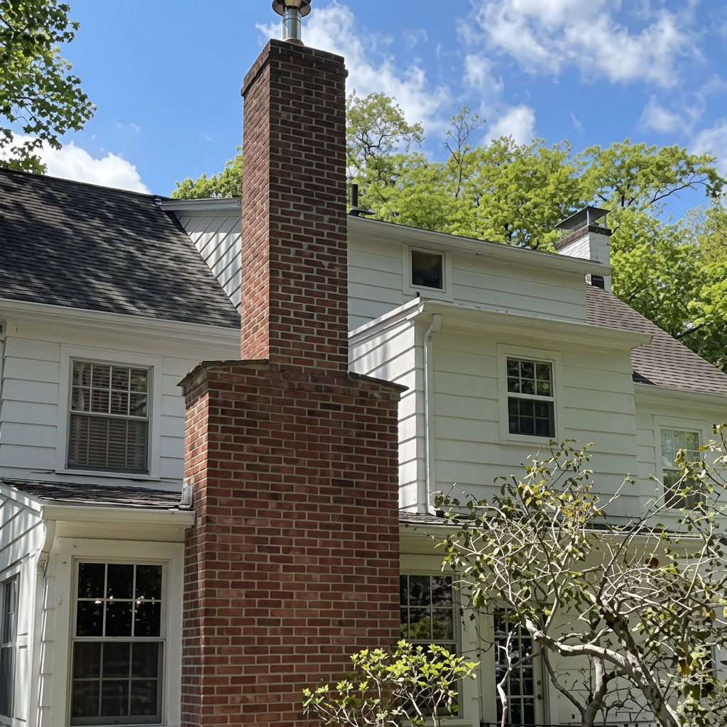 Full-height brick chimney on the side elevation of a white clapboard home with a gray shingle roof