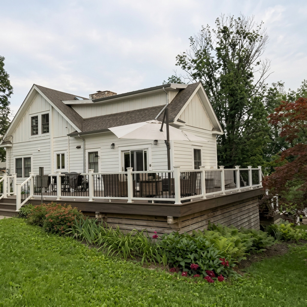 Milan Construction rear deck and covered porch addition in New Jersey with white railings and expanded outdoor living space