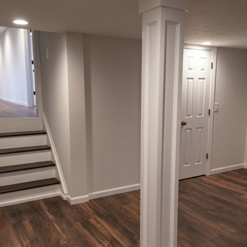 Milan Construction finished basement in New Jersey with wood-look plank flooring, a wrapped structural column, painted trim, and recessed lighting