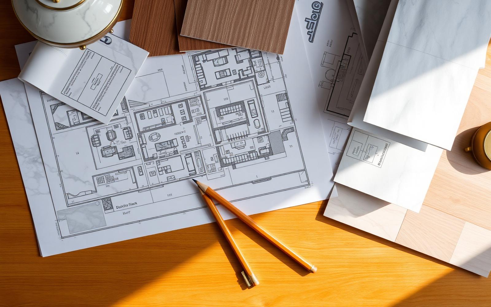 Architectural plans and material samples