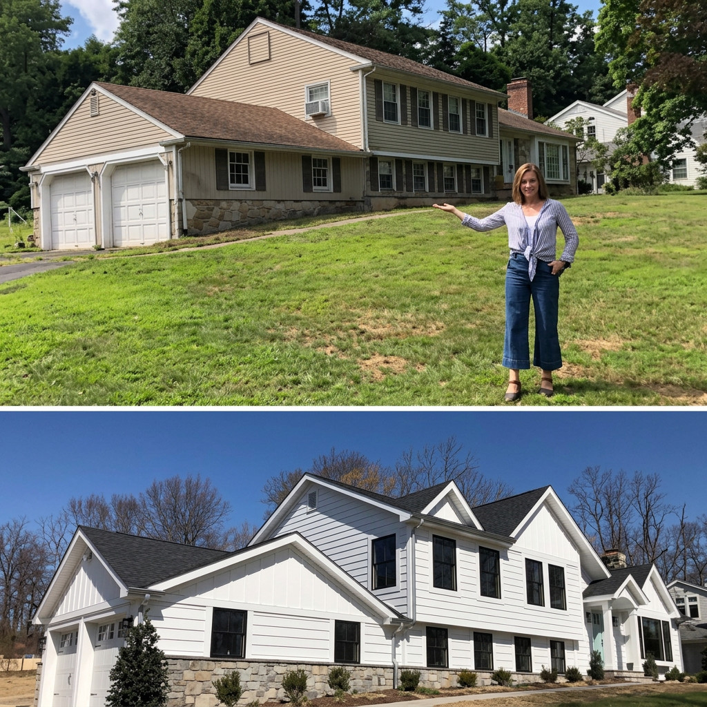 Milan Construction whole-home exterior transformation in New Jersey, shown before and after with new white siding, black-trim windows, and a rebuilt front entry